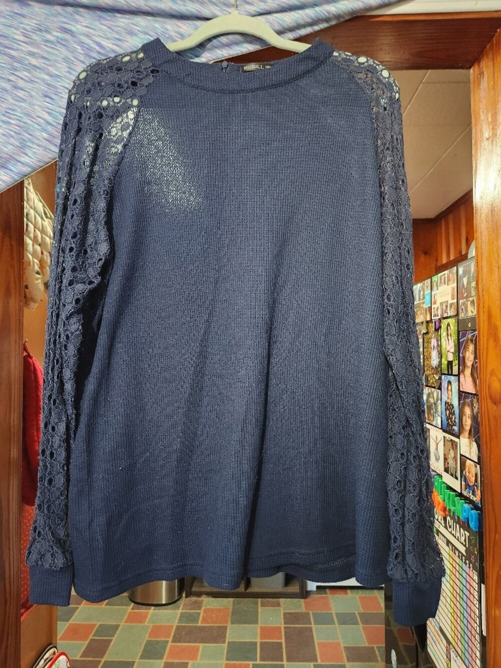 MIHOLL XXL Navy Blue Lace Eyelet Sleeve Top Dressy Casual Blouse